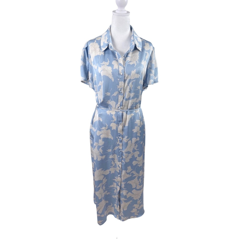 Nordstrom Rack Shirt Dress Womens L Blue Floral Button Front Satin Midi Pockets